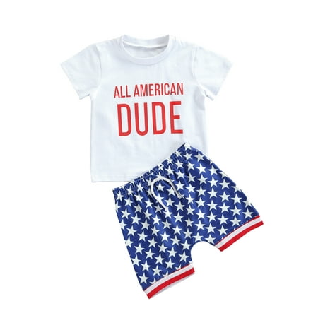 

wybzd Independence Day Boys White Letter Print Short Sleeve Round Neck T-Shirt Tops Stars Print Shorts 2PS Set 0-4 Years
