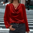 thumbnail image 2 of UTSJKR Women's Velvet Blouses Cocktail Evening Party Dressy Casual Long Sleeve Shirts Cowl Neck Ruched Long Sleeve Tops Red S, 2 of 6