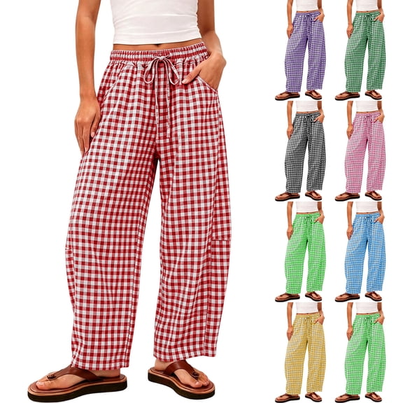 CFLVAEK Plus Size Pants for Women Trendy Plaid Print Barrel Pant Baggy Wide Leg Trousers Drawstring High Waisted Pants for Beach Vacation Purple XL