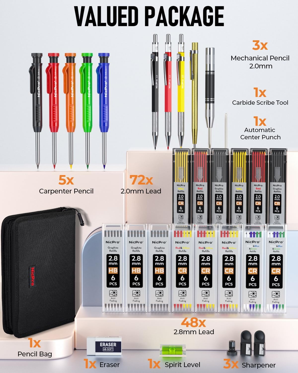 Nicpro 31 Pack Carpenter Pencil Set, Mechanical Pencils with 128 Pcs Refills and Carbide Scribe Tool, Heavy Duty Construction Pencils for Architect Woodworking - with Canvas Case