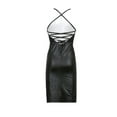 Blotona Women Faux Leather Bodycon Dress Backless V Neck Mini Short ...
