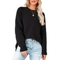 thumbnail image 4 of Uniexcosm Women Waffle Pullover Sweater Knit Blouse Long Sleeve Slit Sweatshirt, 4 of 10