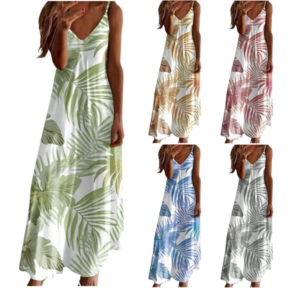 BRGZLK Women's Dresses Casual Summer Printed Beach Vacation Sleeveless Strap V-Neck Dress Comfortable Flower Print Beach Resort Long Suspender Dress