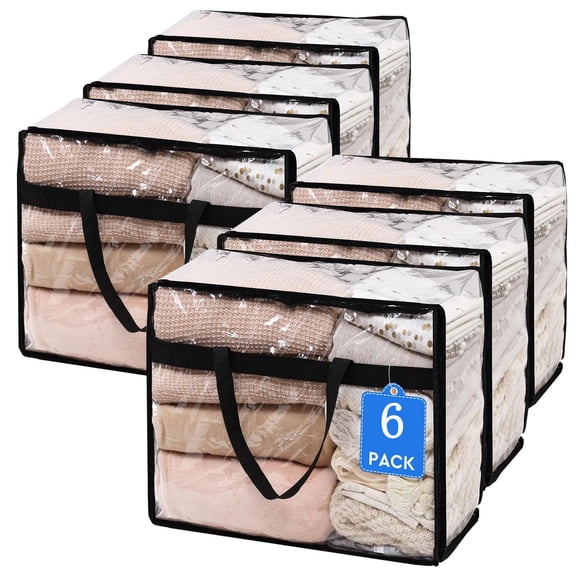 6 Pack Clear Clothes Storage Bags, 40L Plastic Blanket Storage Bag with Zipper, Foldable Closet Organizer, Moving bags for Comforter, Blanket, Bedding, Duvet, Toys