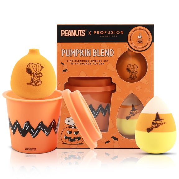 Profusion Cosmetics Peanuts 2 PC Blending Sponge Set with Makeup Sponge Case, Latex-Free Beauty Blender For Powder, Cream & Liquid, Pumpkin Orange