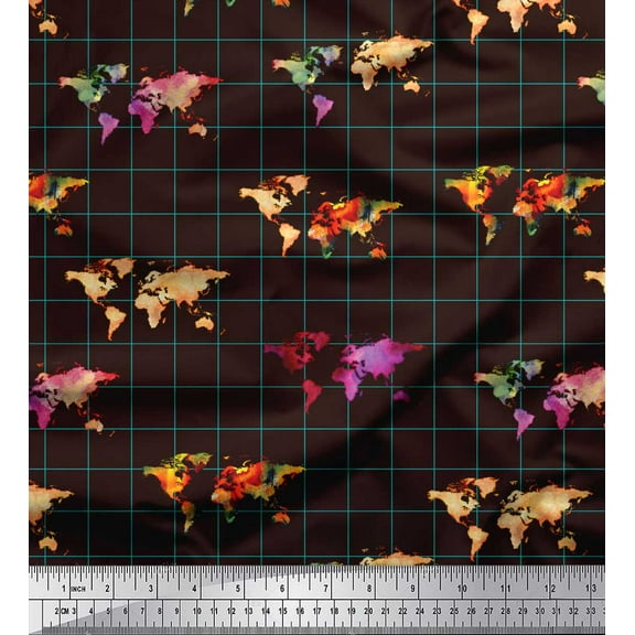 Soimoi Brown Cotton Duck Fabric Check & World Map Print Sewing Fabric Yard 42 Inch Wide