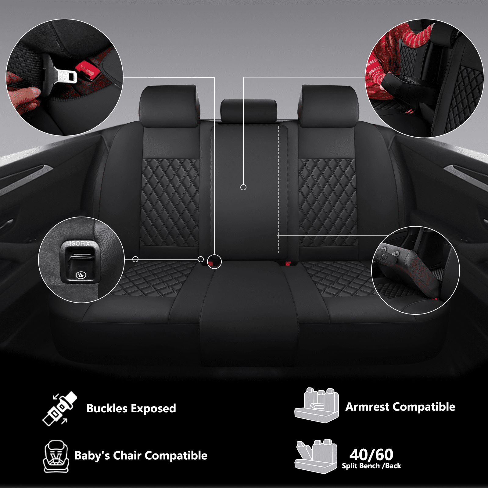 NS YOLO Premium Leather Car Seat Covers Full Set,Universal Fit for Cars,Trucks&SUVs,Waterproof Car Seat Cushion,Full Coverage Car Seat Protector with 5 Seats,Black