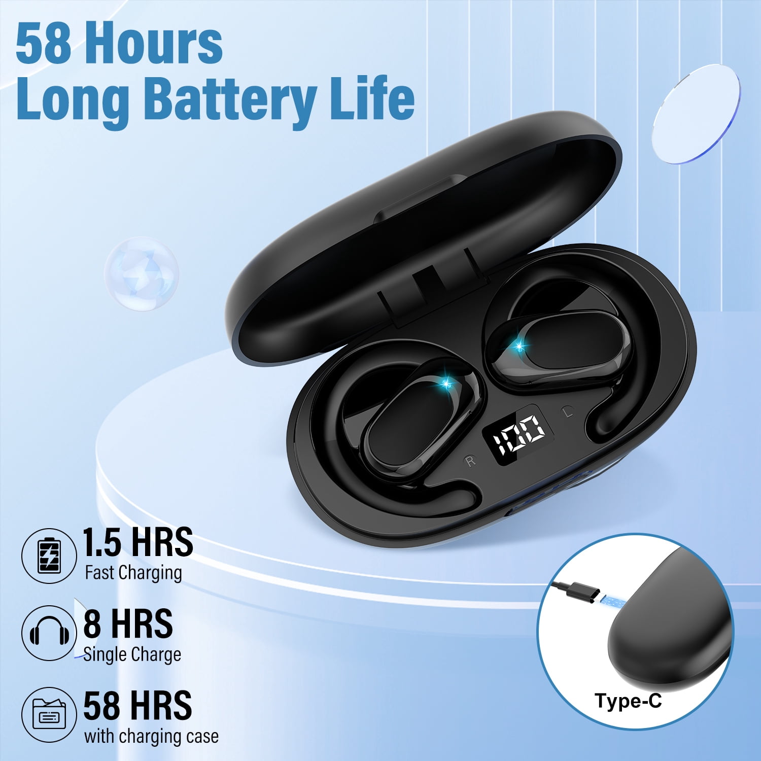 Open Ear Earbuds, Bluetooth 5.4 Headphones, HD Stereo Bass Wireless Earphones with Earhooks, 58Hrs Playtime, IP7 Waterproof for Fitness, Cycling, Sports