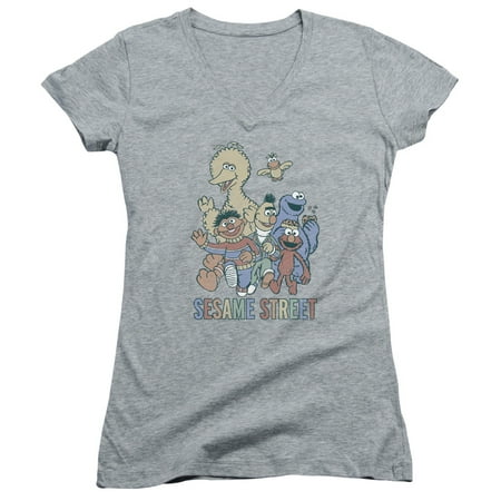 Cap Sleeve Tie - Sesame Street - Colorful Group - Juniors Cap Sleeve V-Neck Shirt - XX-Large