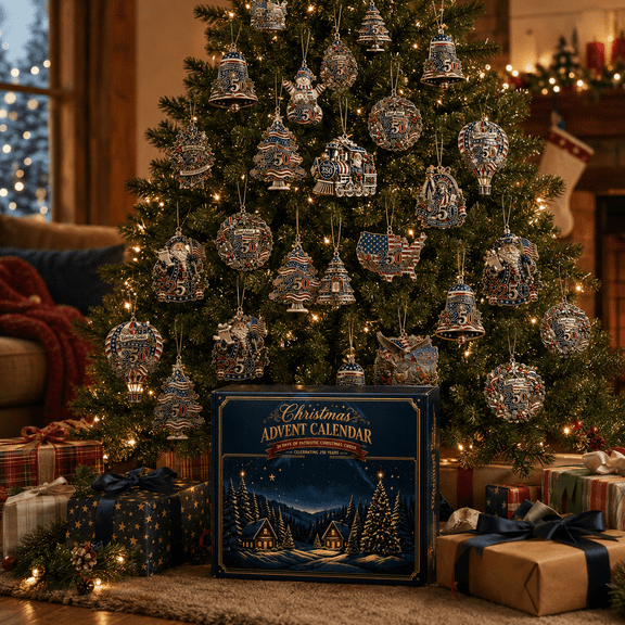 2026 Christmas Advent Calendar, 24Pcs Patriotic Acrylic Christmas Ornaments, 250th Themed Countdown Calendar Gift Set for Xmas Tree Decor