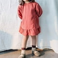 thumbnail image 2 of ContiKids Little Girls Long Sleeve Brick Red Striped Dress Caual Cotton Clothing Outfit for Toddlers 2-3 Year, 2 of 5