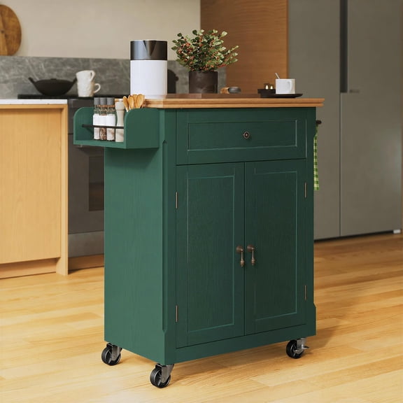 26'' Small Kitchen Island, Vintage Wood Kitchen Cart on Wheels, Green | Solid Wood Veneer Kitchen Cart with Storage Cabinet & Drawer, Rolling Kitchen Island with Spice Rack & Towel Rack for Kitchen