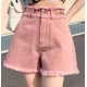 thumbnail image 1 of Pantalones cortos de mezclilla rosa para mujer, con borde sin rematar, de cintura alta, sencillos, de estilo japonés, para verano, ropa de calle informal., 1 of 6