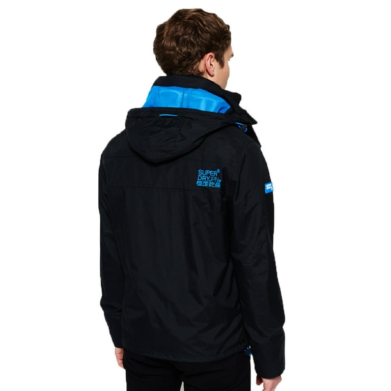 Superdry Mens Technical Pop Zip Hooded Windcheater Jacket (Black/Blue,M)