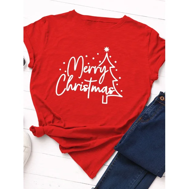 Camiseta con estampado de árbol de Navidad para Mujer, blusa holgada de manga corta con cuello redondo para Mujer, ropa para Mujer