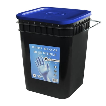 First Glove 8 Mil Blue Nitrile Gloves Bucket - Small - 500 Count - Heavy Duty Fully Textured Industrial Disposable Gloves for Automotive & Mechanic Work - Latex Free, Powder Free, Bulk