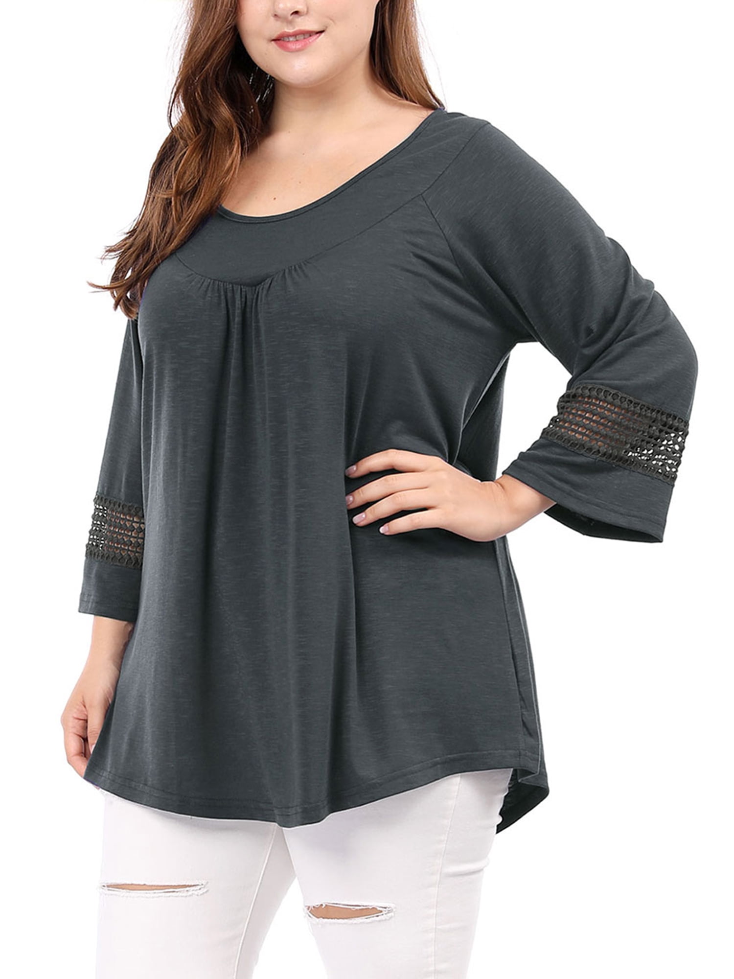 Unique Bargains Juniors' Plus Size Crochet Panel Kimono Raglan Sleeves Ruched Front Top Dark Grey 1X
