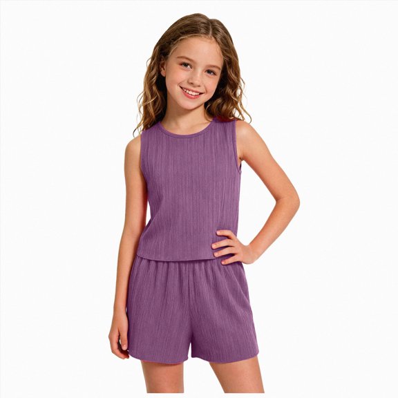 KPOPLK Girl's 2 Piece Outfits Summer Solid Color Linen Tank Top and Paperbag Waist Striped Shorts Set for 8 9 10 11 12Years(9 Years,Purple)