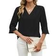thumbnail image 2 of Craaazy Women's Solid Color V Neck 3/4 Length Sleeve Wrinkled Business Tops Gifts, 2 of 9