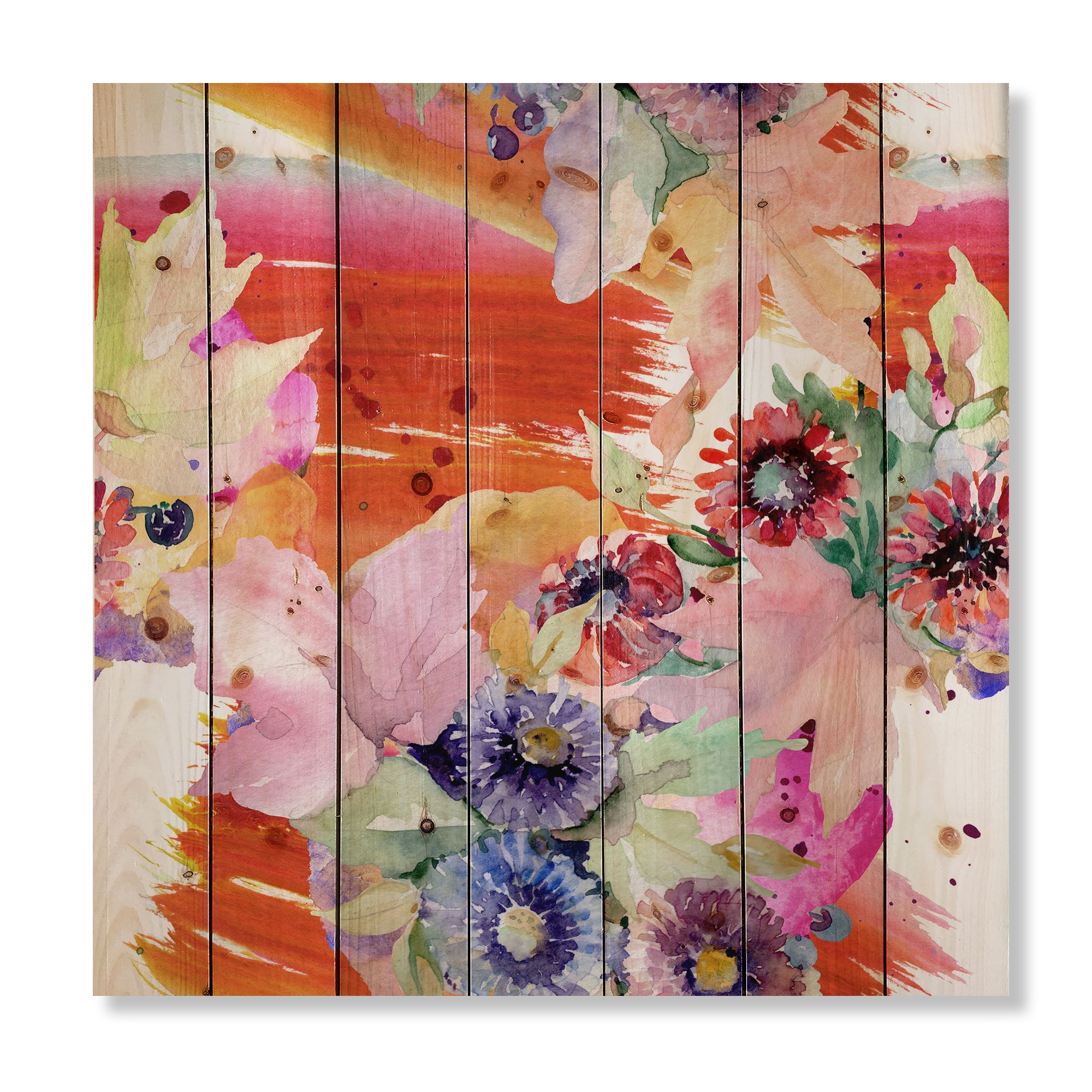 Designart 'Wildflowers and Vibrant Wild Spring Leaves VII' Modern Print on Natural Pine Wood