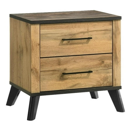 Wemy Nightstand with 2 Drawers- Metal Legs- Weathered Brown Pine Wood