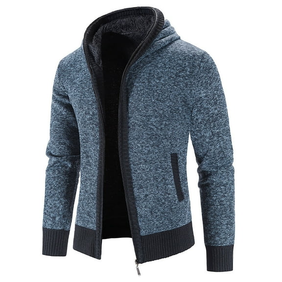 Maoxin Mens Jacket Men's Vintage Knit Solid Color Pocket Zipper Long Sleeved Hooded Casual Jacket Jackets for Men , Blue , 2XL