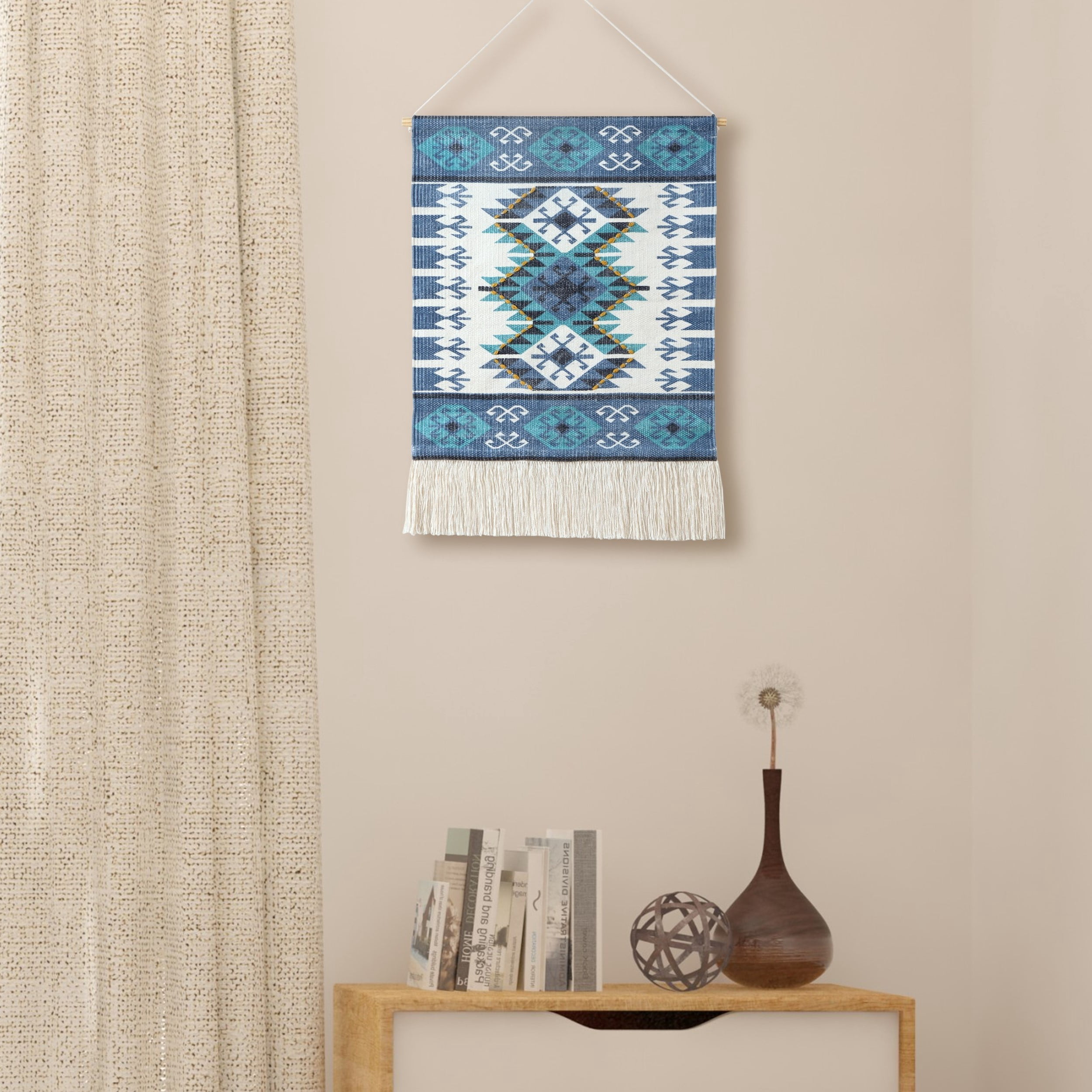 LR Home Xavi Blue/White Boho Aztec Fringe Wall Hanging, 4' Length