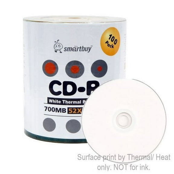 Smart Buy CD-R 100 Pack 700mb 52x Thermal Printable White Blank Recordable Discs, 100 Disc