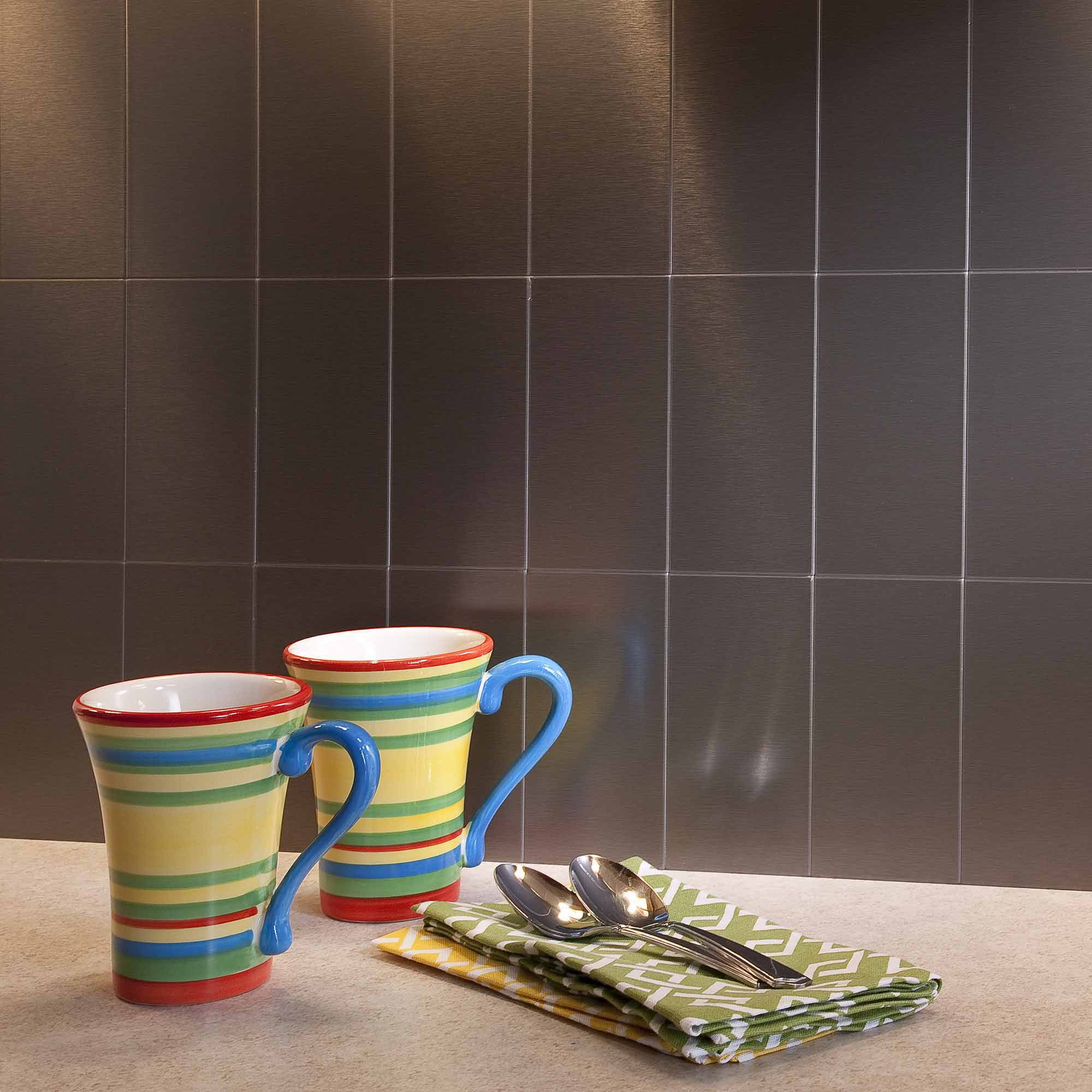 Aspect Peel and Stick Backsplash 3in x 6in Brushed Stainless Short Grain Metal Tile 15 Sq Ft Kit for Kitchen and Bathrooms