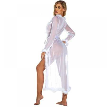 

Clearance! Women Cozy Long Lace Lingerie Kimono Robe Cozy Plush Feather Sheer Kidsdoll Nightgown Nightdress