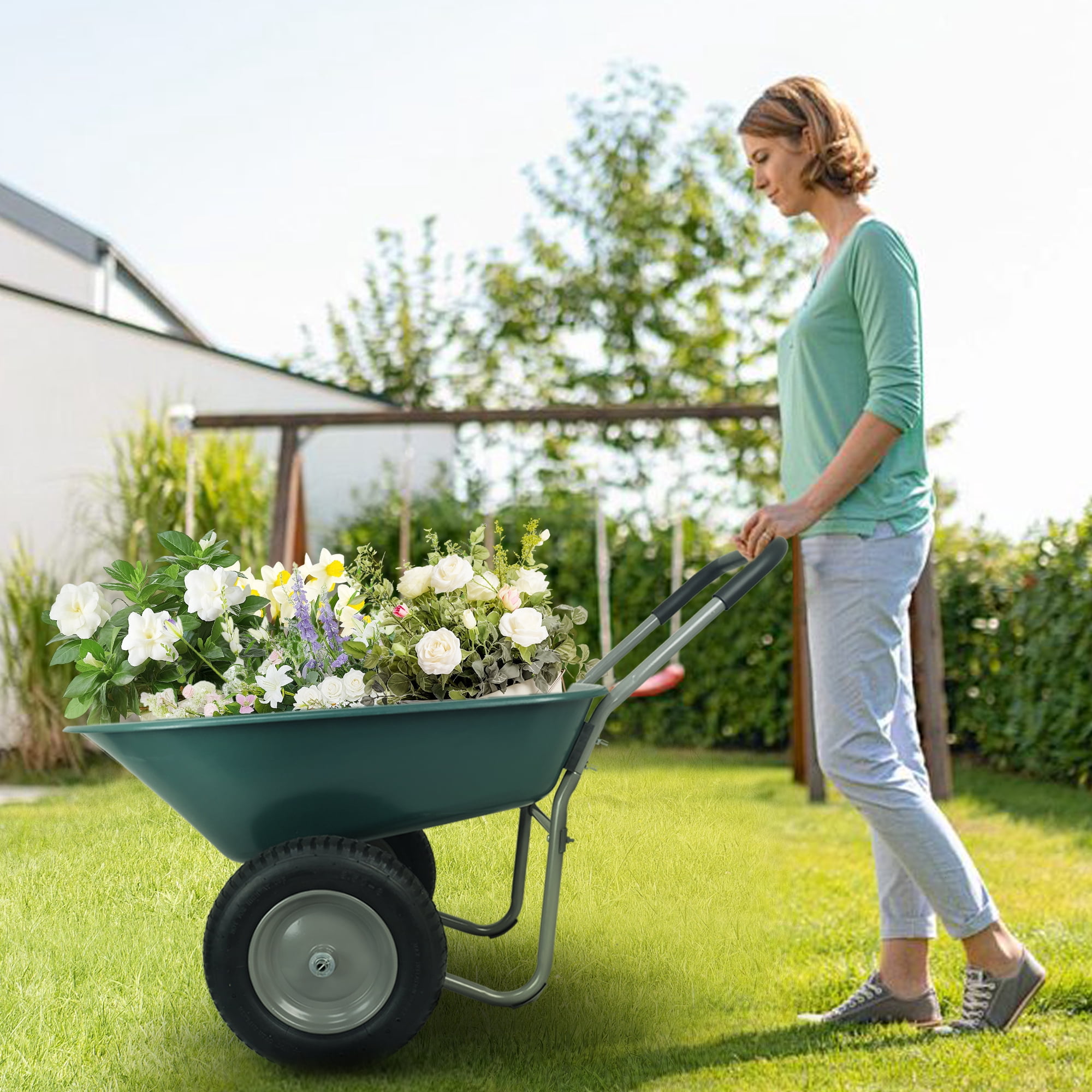 BalanceFrom Dual-Wheel Garden Wheelbarrow with Pneumatic Tires and Reinforced Structure - 50"L x 27"W x 26"H, 300 lbs Capacity, Easy Assembly