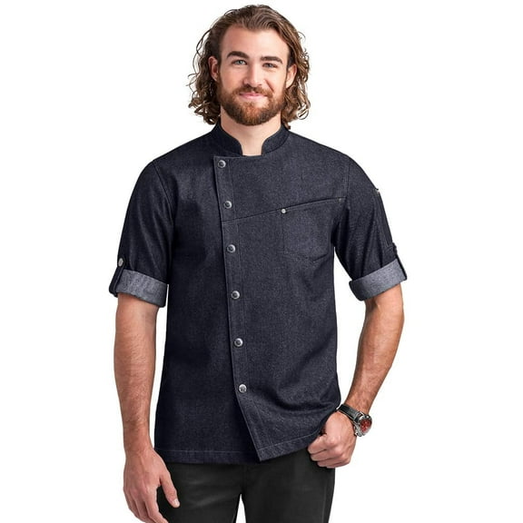 Industry Line Men's Asymmetrical Premium Denim Chef Coat with Mesh Side Panels (Blue Denim/Black)