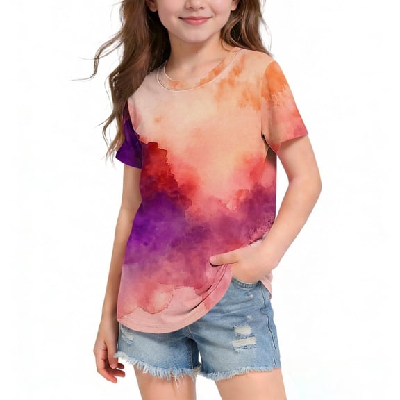 NAISIBABY Kids Girls T-Shirt (3-14T), Short Sleeve Tie-Dye Fashion Crewneck Summer Soft Casual Tees Orange 10T