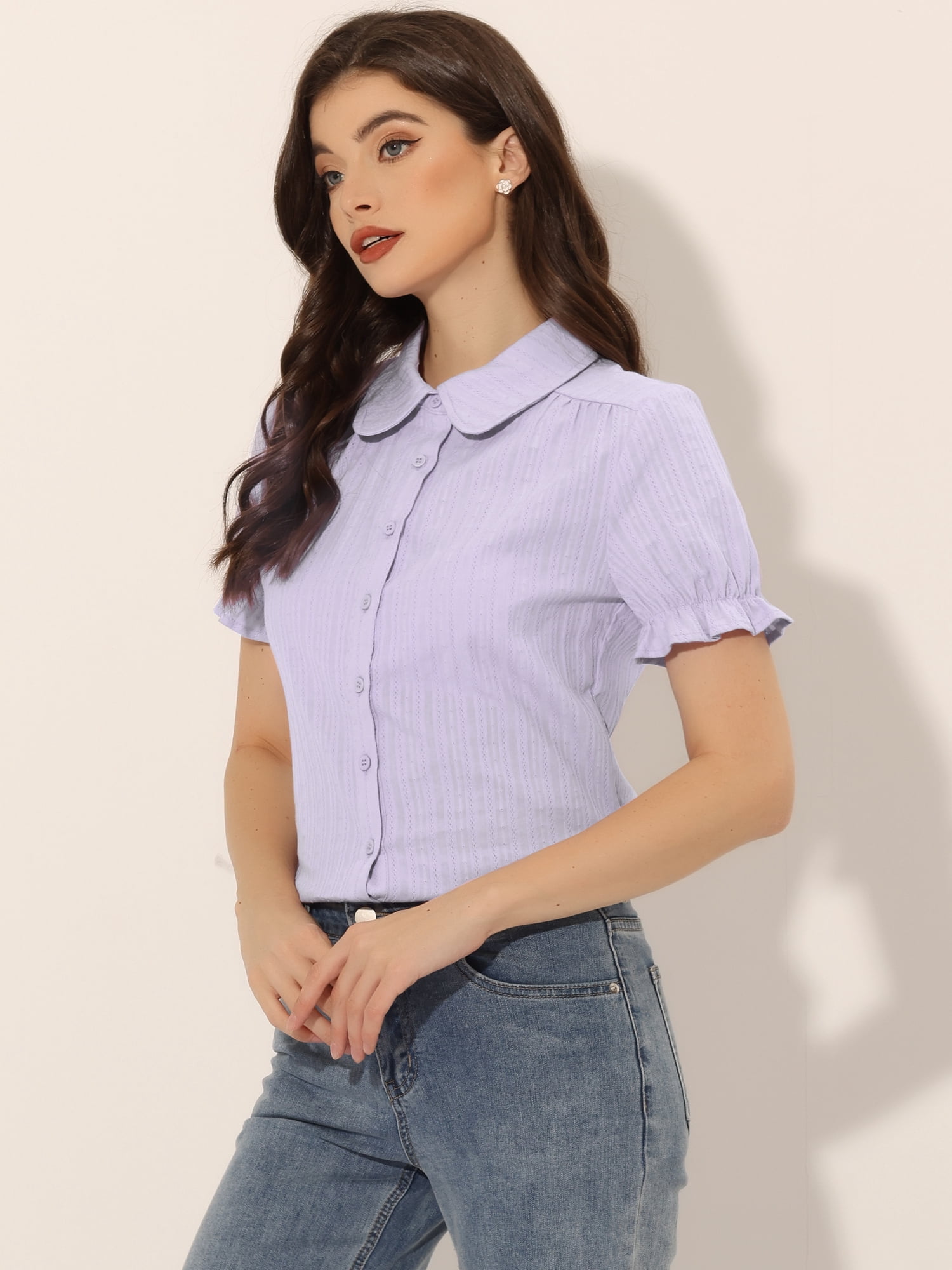 DARING DIVA Women's Cotton Frilled Peter Pan Collar Blouse XL Light Purple