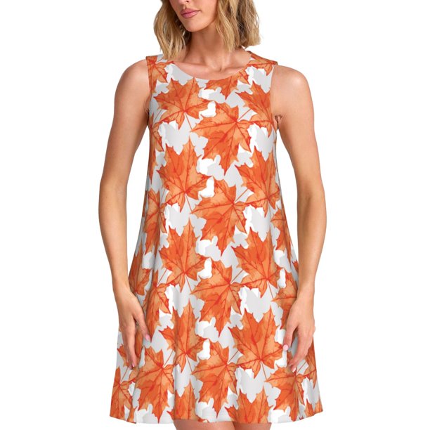 Fotbe Maple Leaves A Vestido de Verano sin Mangas para Mujer – Vestido Midi Línea A, Estilo Camiseta Floral, Vestido Playero Casual y Fluido