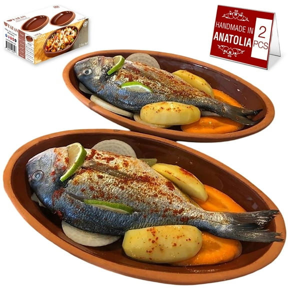 Hakan Bergama Handmade Oval Clay Pan Set of 2 Terracotta 6.2x11.6x1.5-inch Large 25.3 Oz Glazed Inside