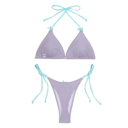JIANJIA Womens Swimsuits Solid Color Sexy Lace Up Halter Brassiere With Thongs Swimsuit Two Piece Bikinis Swimwears Activewear Gray Xl