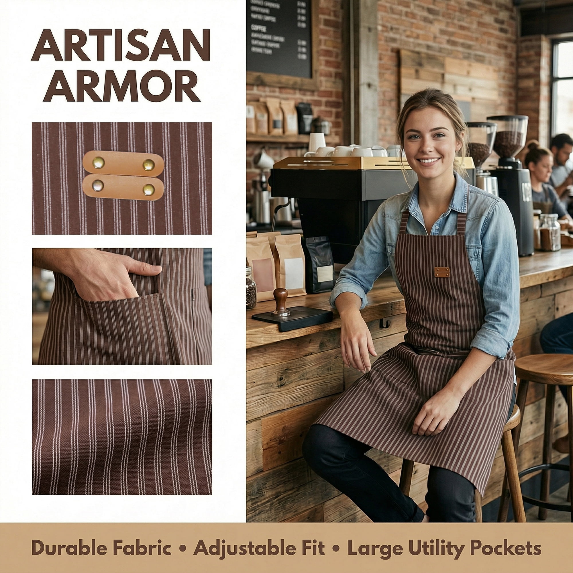 Unique Bargains Durable Polyester Kitchen Apron with Pockets for Cooking 26.4x30.7in Brown