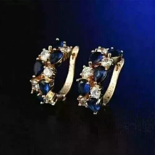2 Ct Pear Cut Sapphire Lab Created Diamond Hoop Earrings 14K Yellow Gold Plated Silver