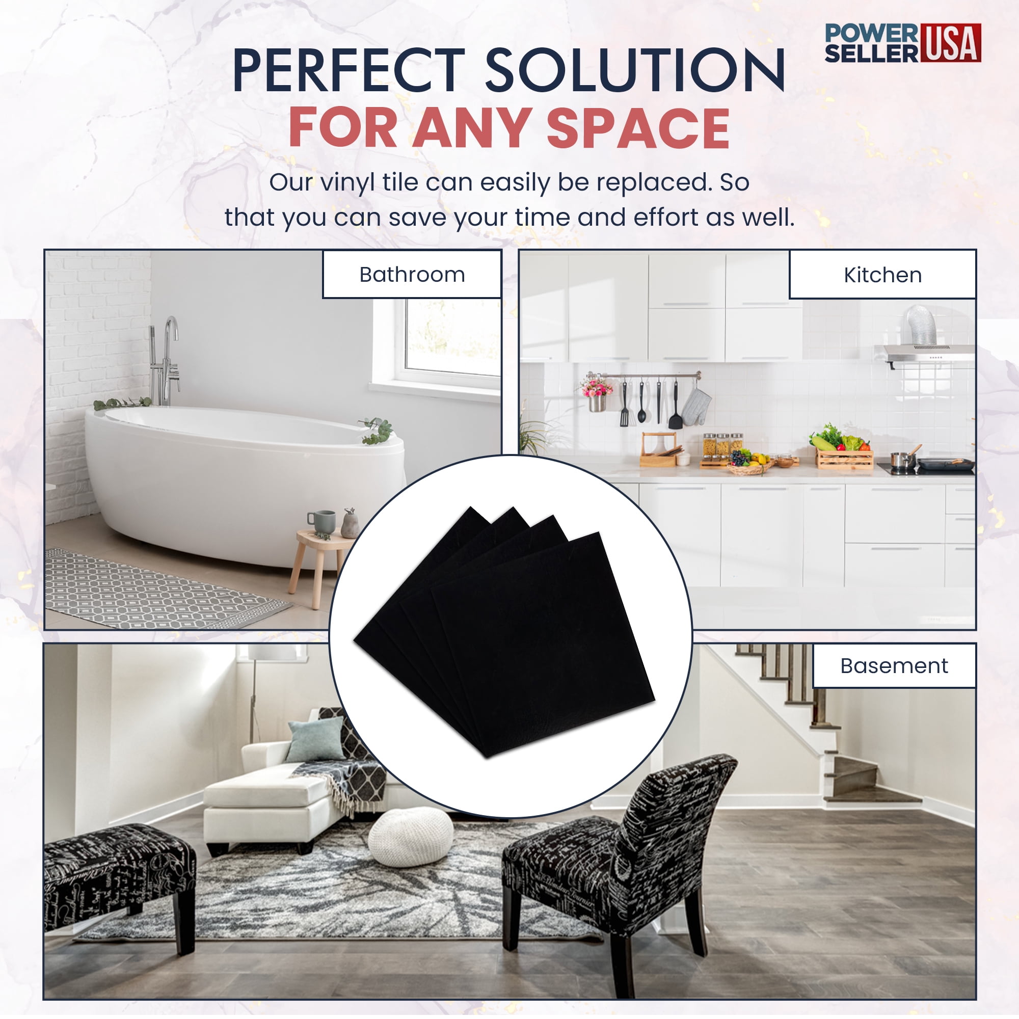 PowerSellerUSA Vinyl Self Adhesive Floor Tiles, 12x12 inches with 1.2 mm Thick Contemporary Design Peel and Stick Floor Tile Stickers, Square Flooring Tiles for Kitchen, Black Themed, Abstract
