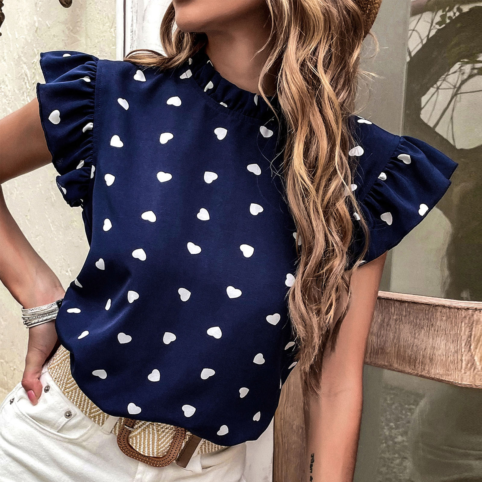 TAIAOJING Tshirt Women Summer Casual Short Sleeve Summer Pleated Polka Dot Round Neck Loose Top Fall T-Shirt - image 4 of 9