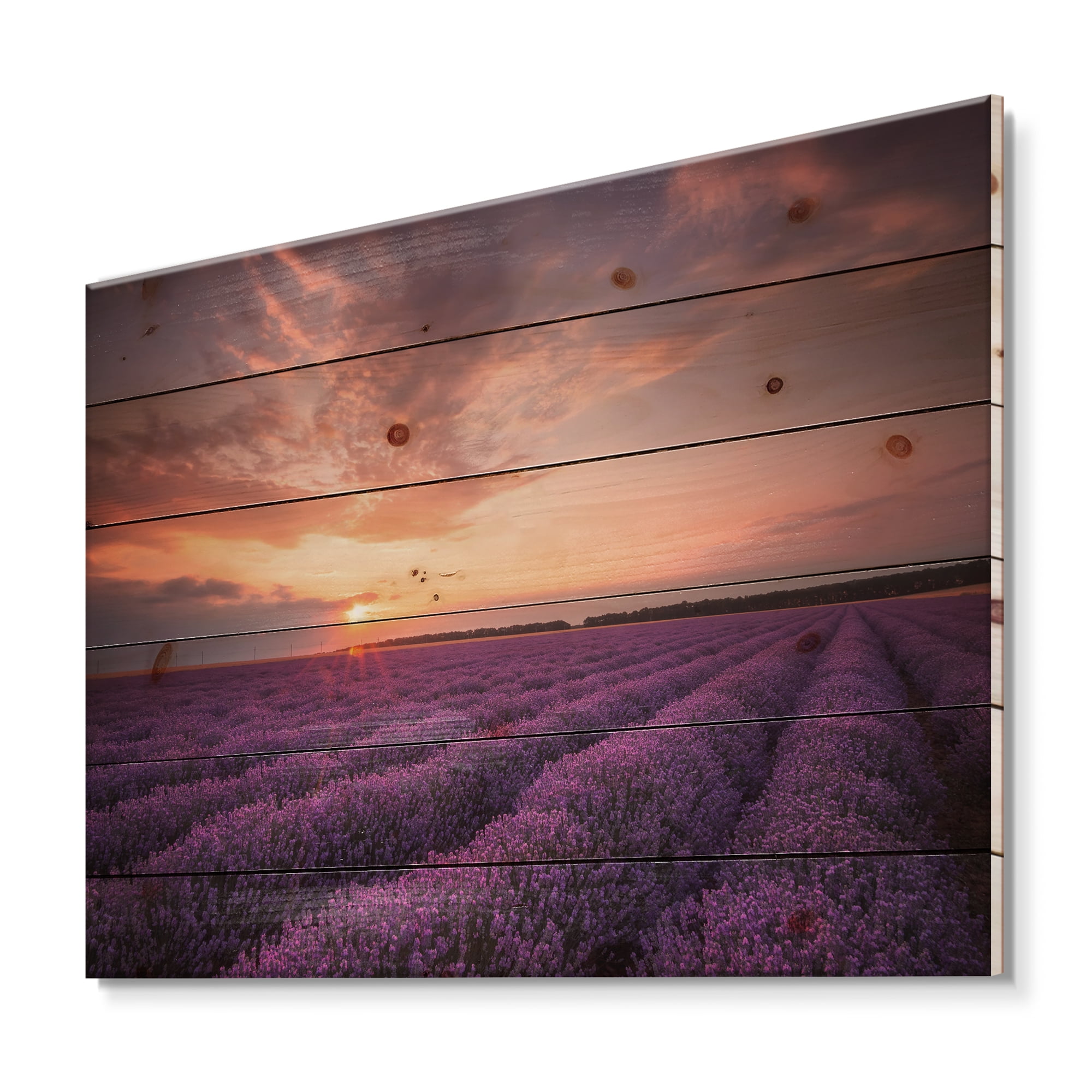 Designart 'Dramatic Clouds and Sunrise Over Lavender Field XII' Farmhouse Print on Natural Pine Wood