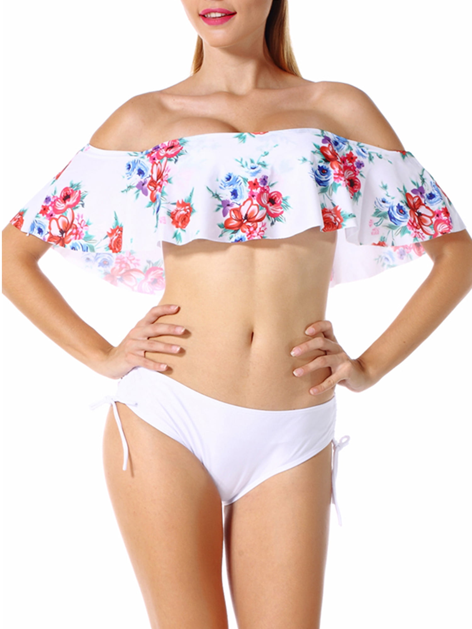 Geagodelia Girl's 2 Piece Swim Set Bikini One Shoulder Crop Top Low Waist Panties for Summer Swimming Pool