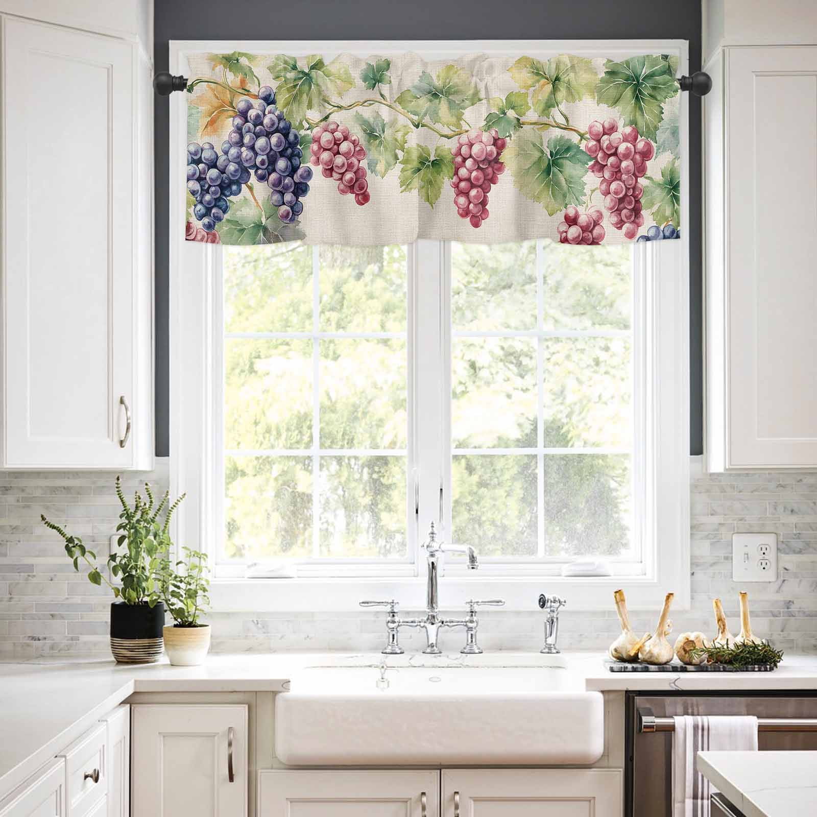 Purple Grape Kitchen Curtains Valances and Tiers Set of 3 Spring Grape Vine Leaf Watercolor Linen Texture Tier Curtains and Valance for Kitchen Bathroom Small Windows 27.5"W x 36"L (Pack of 3)