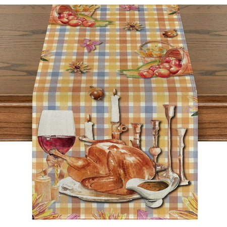 

HYXIZ Turkey Candles Thanksgiving Table Runner Wine Gravy Buffalo Plaid Fall Kitchen Dining Table Decoration for Outdoor Home Party 13x72 Inch