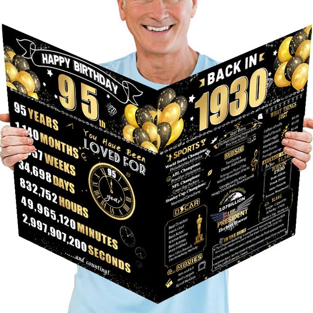Tarjeta Jumbo de Cumpleaños 95 Años Retro Negro y Dorado FOBELEC