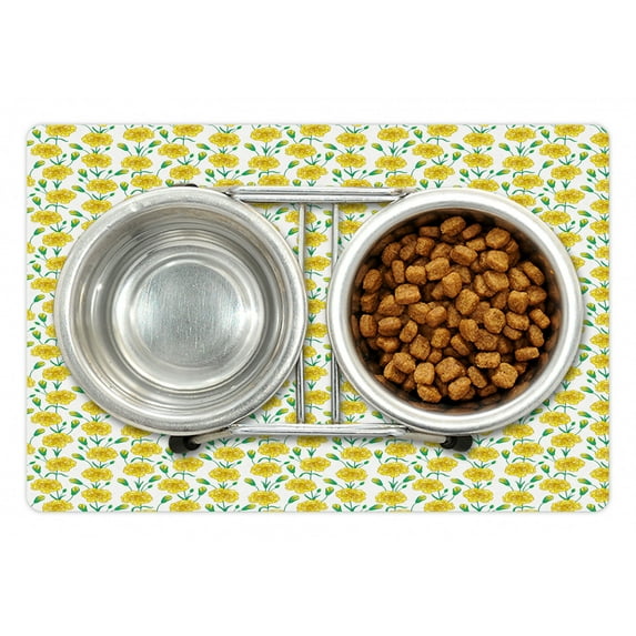 Clove Pet Mat for Food and Water, Doodle of Carnation Flowers and Buds in Yellow Tones with Leaves, Non-Slip Rubber Mat for Dogs and Cats, 18" X 12", by Ambesonne