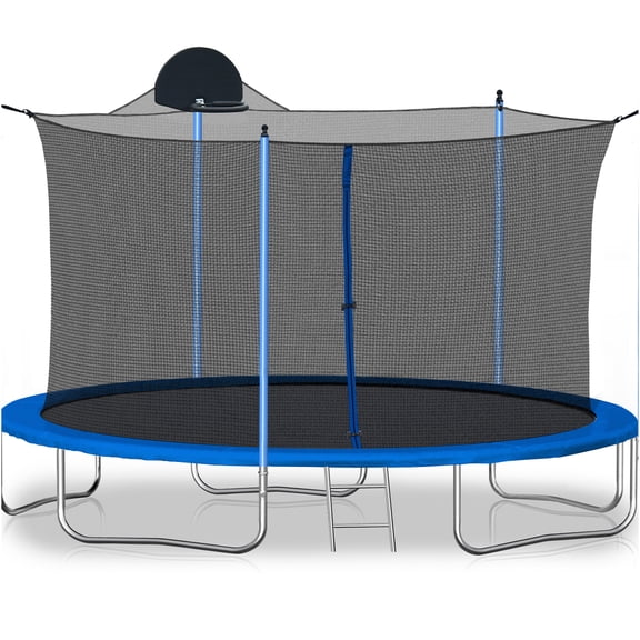 JERFIT 12ft Trampoline with Basketball Hoop, Safety Enclosure Net & Ladder, Outdoor Jumping Mat for Kids and Adults, Blue