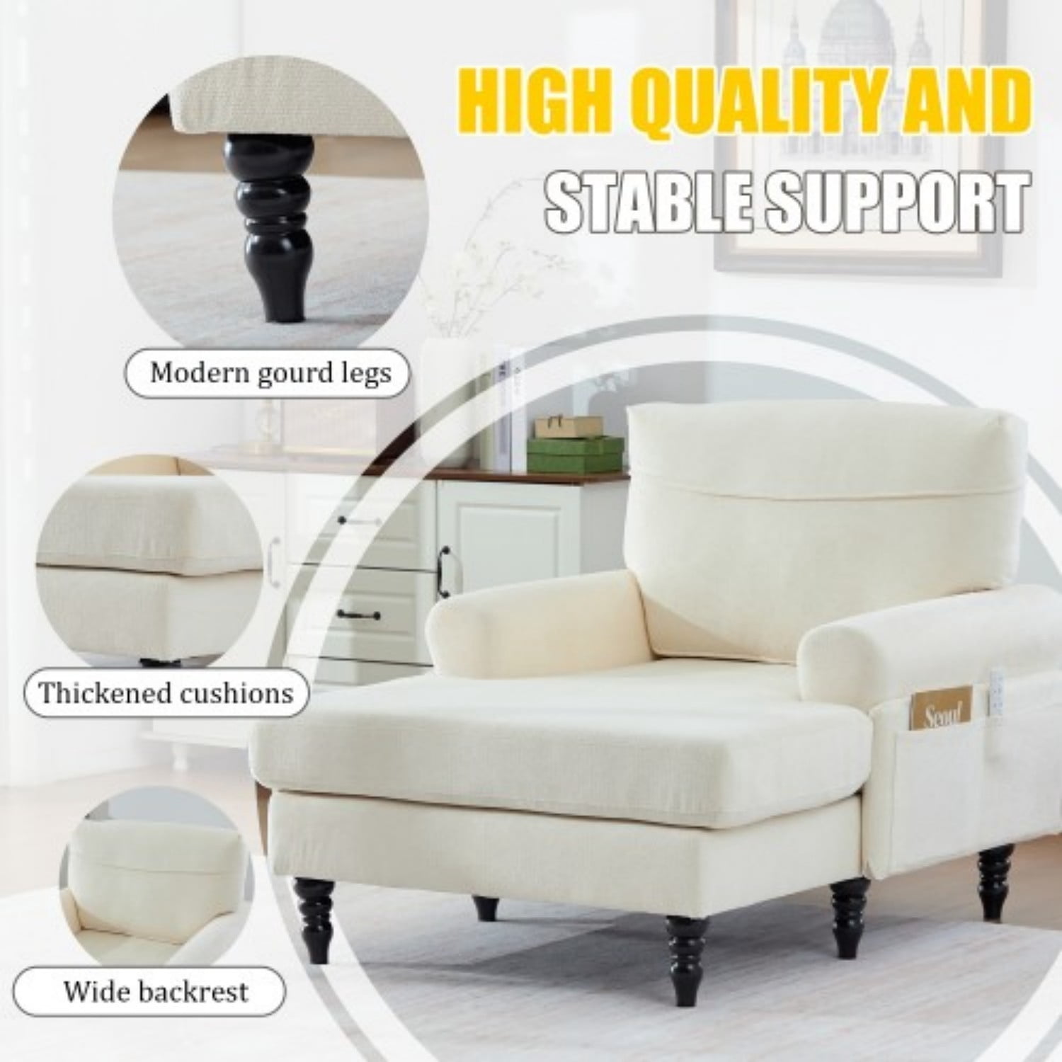 Chenille Chaise Lounge Chair, Oversized Upholstered Recliner Sofa with Wide Seat, High Density Foam Backrest, Solid Wood Legs & Side Pockets for Living Room, Bedroom, Office, Beige