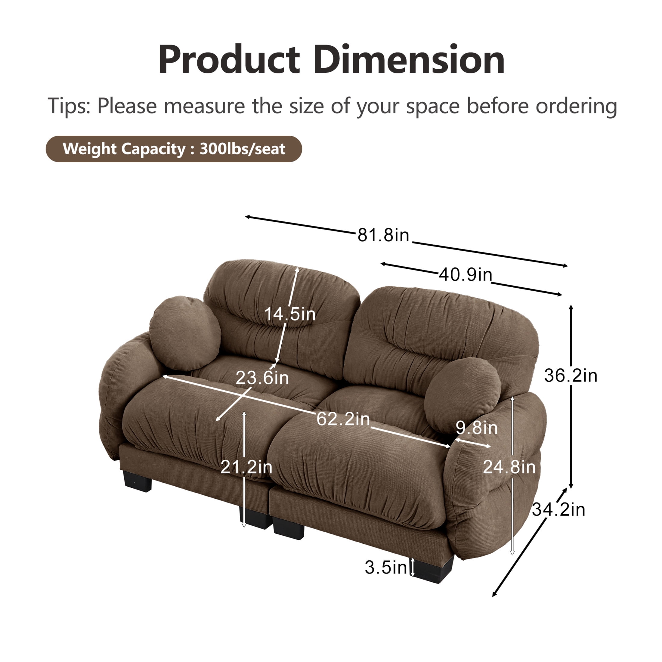 Noble House Corlan Pleated Chenille 2-Seater Sectional Sofa, Modular Deep Seat Couch with Throw Pillows, Brown